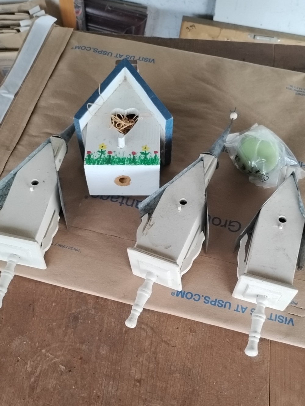 Hand-Painted Mini Wooden Birdhouse with Decorative Spindles - White & Blue